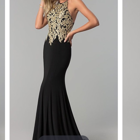 black prom dress with gold accents